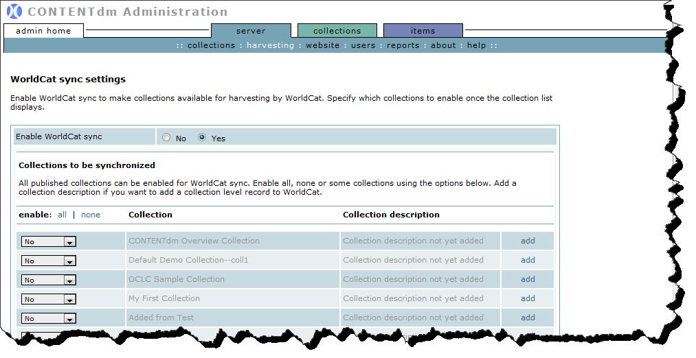 Figure 2: Enable WorldCat Sync 3. Enabling WorldCat Sync makes selected collections available for the Gateway to work with. It does not begin the mapping and loading to WorldCat process.