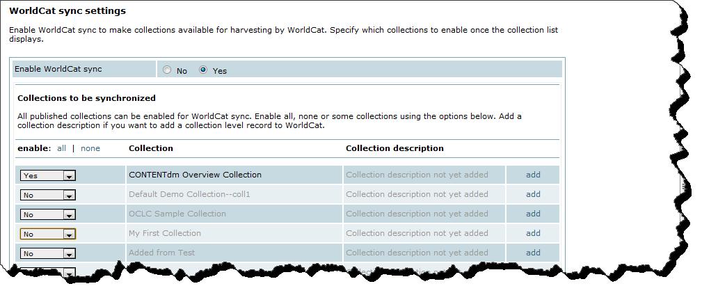 To enable selected collections for WorldCat Sync, select Yes from the drop-down menu for each collection that you want to enable.