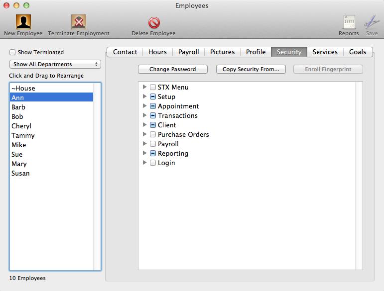 Go to the Security tab. There are 5 employee security categories which are used for both STX desktop and STX for ios.