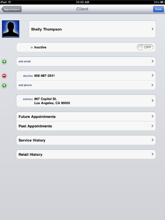 To add or change client contact information from the appointment detail window, tap the blue