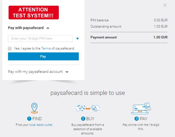 4.14.2 Test environment When testing, you will be redirected to paysafecard s sandbox page, which simulates the page that will be displayed to your customers (screenshot below). 4.14.3 Field specification You can submit the following additional fields in the POST to impose restrictions on payments processed with paysafecard.