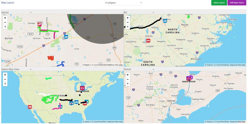 The Map Layout page consists of up to 4 widgets. Each widget can contain 1 map view. A map view is a map location chosen by you of where to center the map and its zoom level.