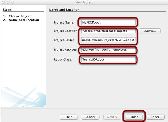 Name the project and set parameters for create Here you can specify a project name and location where it will be stored. In addition you can supply a name for the base robot class.