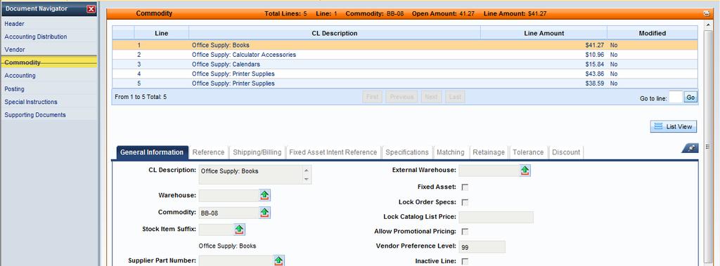 Another way to check on a receiver is to view the commodity lines of the purchase order. All purchase orders have a Matching tab in the Commodity component, with receiver and invoice information.
