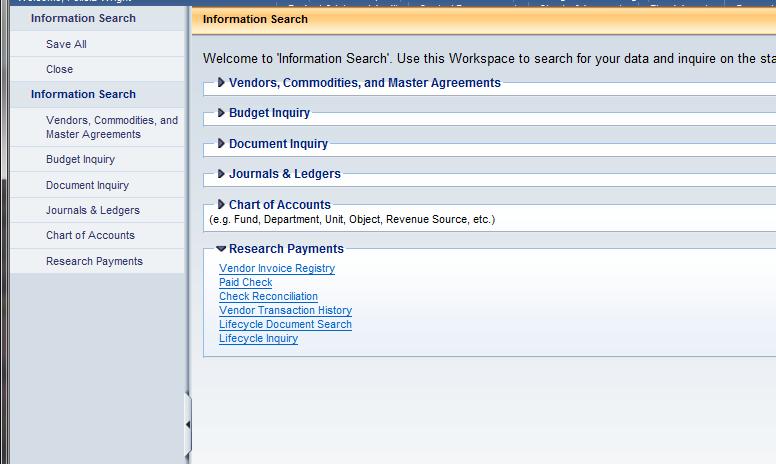 Research Tables There are several tables all users have access to that allow to research payments or documents.