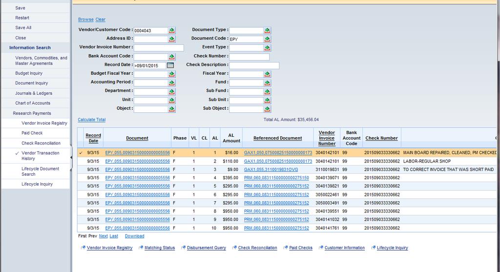 Page Transitions The Vendor Transaction History page contains transitions to other pages in AMS. Each page that you transition to contains a Back link.