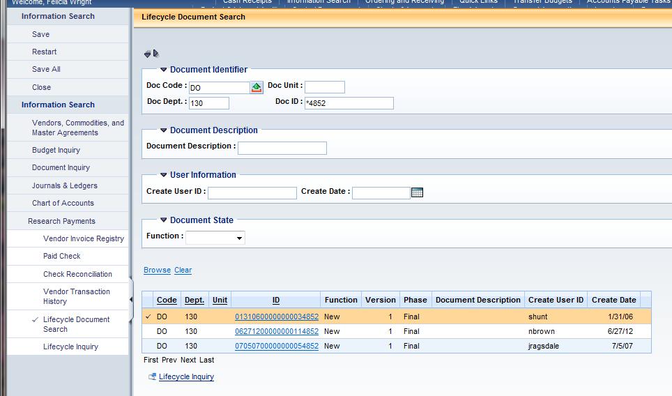 Lifecycle Document Search This page allows you to search for a document and then link to the Lifecycle Inquiry page to view the complete chain of documents associated with it on a single page.