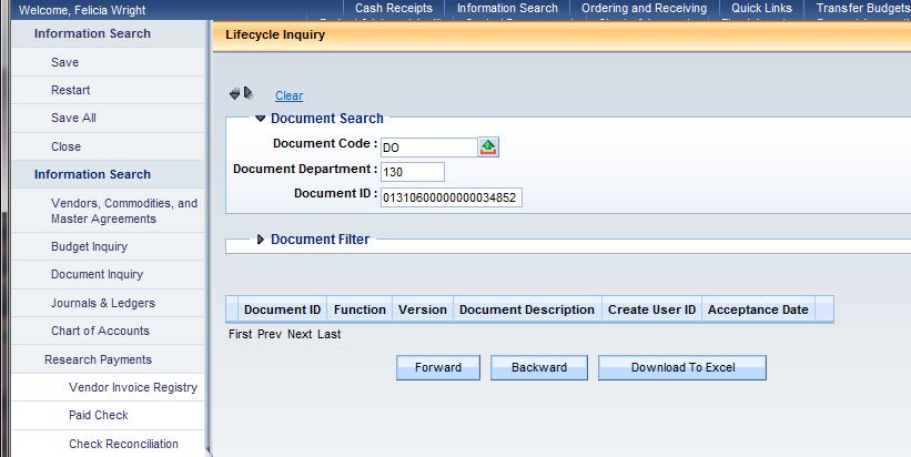 Lifecycle Inquiry This page allows you to view the complete chain of documents associated with a selected search document.