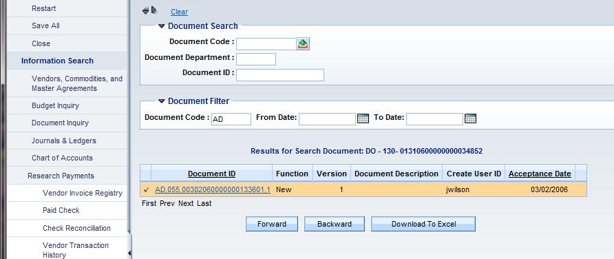 The Document Filter section allows you to limit the values displayed in grid section for your search.