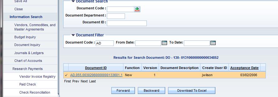 For example, if you want to filter on AD documents, enter AD in Document Code, then click Forward.