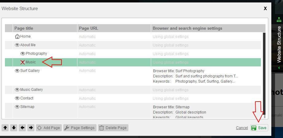 Show/Hide Pages To hide a page from the navigation menu of your website, simply click the small eye icon next to the name of the page under the Website Structure section.