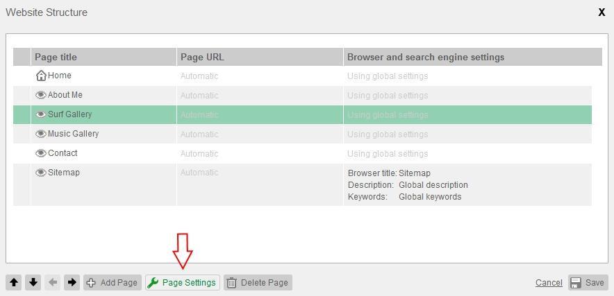 Highlight the page you want to add custom SEO tags for and