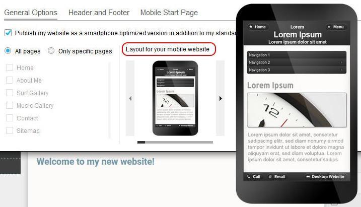 You can choose from the available layout templates by scrolling though the options using the Layout for your mobile website section. Hold the mouse over a template to see a larger preview of it.