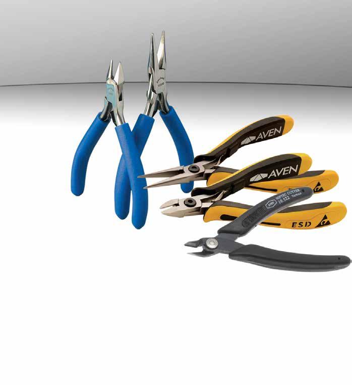 PLIERS & CUTTERS Semi-Flush, Flush, & Razor Flush Cutting Edges Stainless & Carbon Steel Large Selection TWEEZERS Precision for microelectronics and micro assembly Regular and with cushion comfort