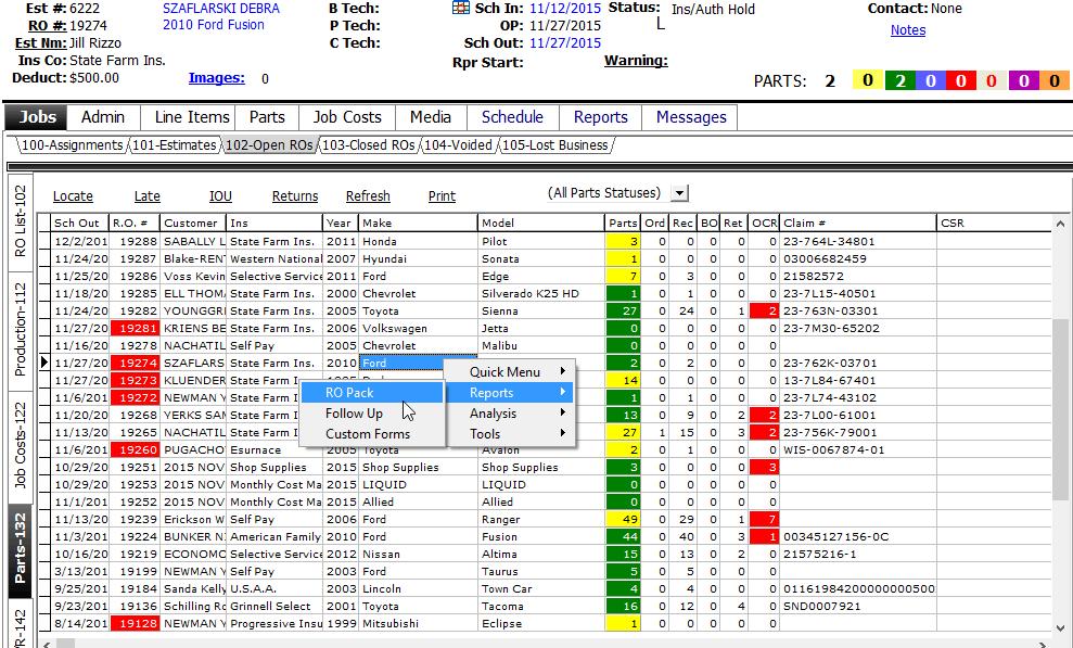Printing the RO Document Pack 1. Find the RO that was just created in the Open RO s tab, highlight it and right click. Choose Reports, then click RO Pack.
