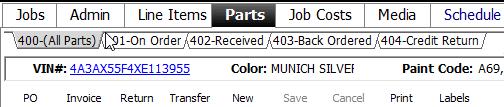 Ordering Parts 1. Click on the Open RO s button and choose the RO List view 2. Highlight the RO that parts will be ordered for. 3. Click the Parts button.