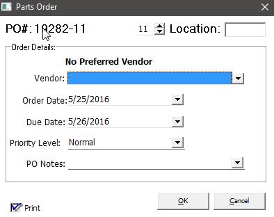 8. Choose a vendor, verify the date and PO#, then click OK. NOTE: If you have set up default vendors in the Summit System Administration module your vendor will be chosen automatically. 9.