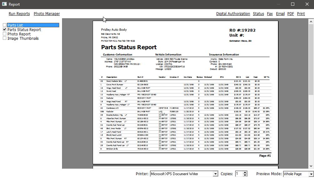 Print the Parts Status and Parts List Reports 1. Click the All Parts tab. 2. Then click the Print icon located in the menu bar on the left side of the screen 3.
