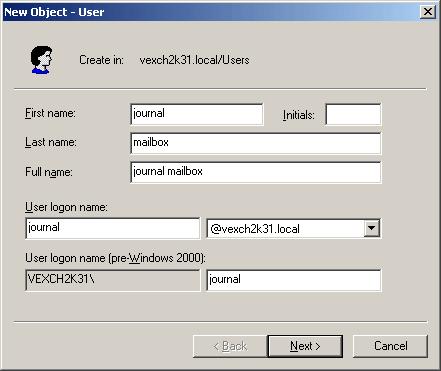 Screenshot 4 - New Object - User dialog 3. Key in a relevant User logon name (e.g. journal), fill in other new user details, and click Next.