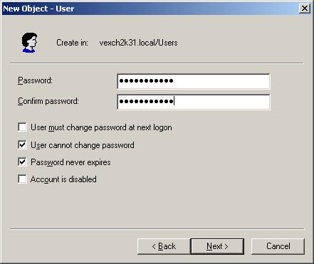 Key in a password, unselect user must change password at next logon option and enable user cannot
