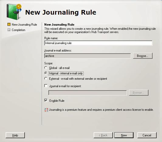 Screenshot 14 Configuring Journaling rules 2. Expand Organization Configuration Hub Transport node and select Journaling tab. 3. From the Actions tab and click on New Journaling Rule.