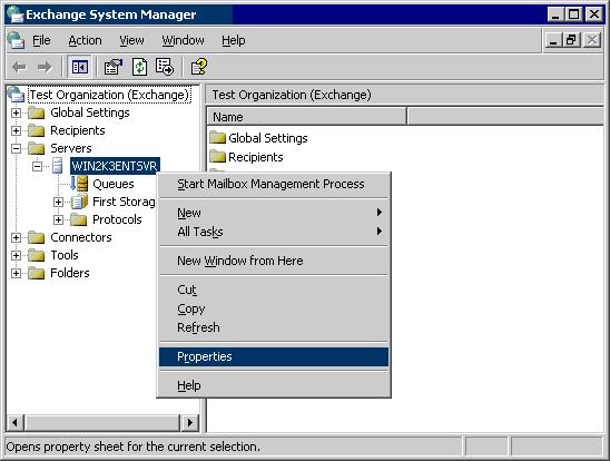 Screenshot 19 Microsoft Exchange System Manager 2. Create a new user in Active directory. NOTE: New user does not require a mailbox to be attached.