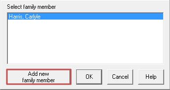 Adding/Toggling between family members The quickest way of adding family members in a family group is to click on the Open family member s file icon. A new window will appear.