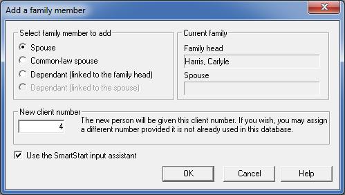 You can choose between Spouse and Dependant. On the right-hand side of the window, DT Max indicates the Family head s name and, if applicable, the Spouse s name of the family you are currently in.