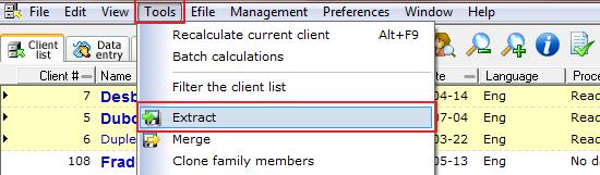 To choose a client to extract, simply click on their name in the Client List.