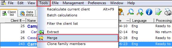 Merging Clients In order to merge a client in your Client List, go to the Tools menu and select Merge. Windows Explorer will appear, allowing you to locate the client you wish to merge.