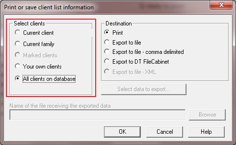 In order to print or export your Client List, go to the File menu, select Print, then