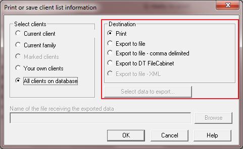In the Destination section, select whether you want to print or export your Client List.
