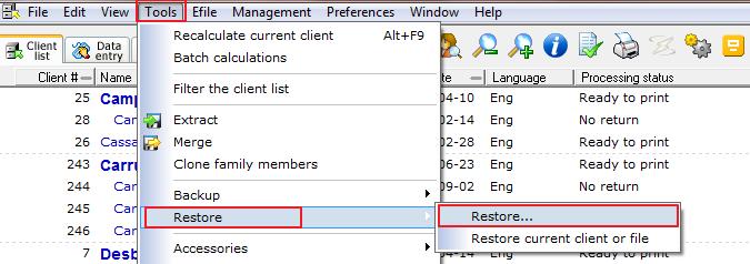 Restore To restore a backup file, go to the Tools menu, select Restore, then Restore.