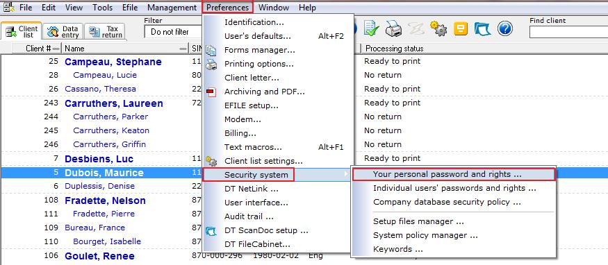 PREFERENCES MENU Security System DT Max features a security system which enables you to set up the program so that only authorized personnel are allowed to use certain specified attributes.