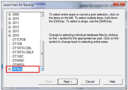 In the Select files for backup window, use the scroll bar to select INI