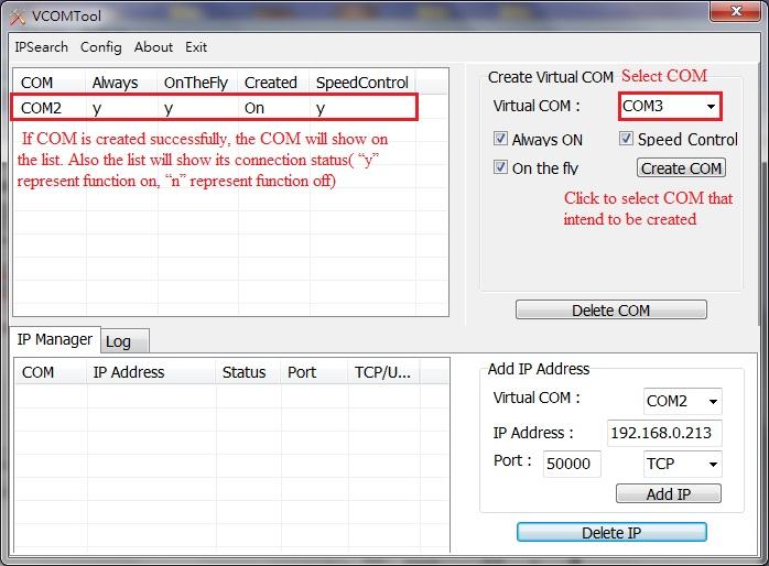 (5) How to create Virtual COM Drop-down menu, select COM number that intends to be created select function (Always On Speed Control On the fly) Click Create COM Virtual COM is created!