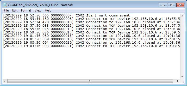 record as txt file. Once Virtual COM is created, log information will be recorded down automatically. File name will be VCOMTool_date_time_COM.