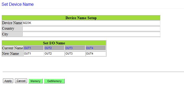 Define I/O Name Define I/O is the section that allows the user to define the device name, country, and city. As well as the names of each of the power outputs.