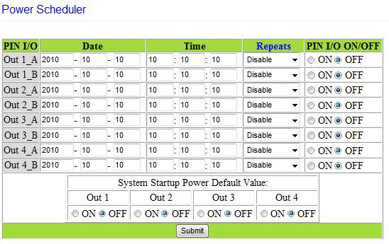 Power Schedule The power schedule offers flexibility so the user can easily schedule events to control the power of the device. PIN I/O Each output will have an output A and an output B.