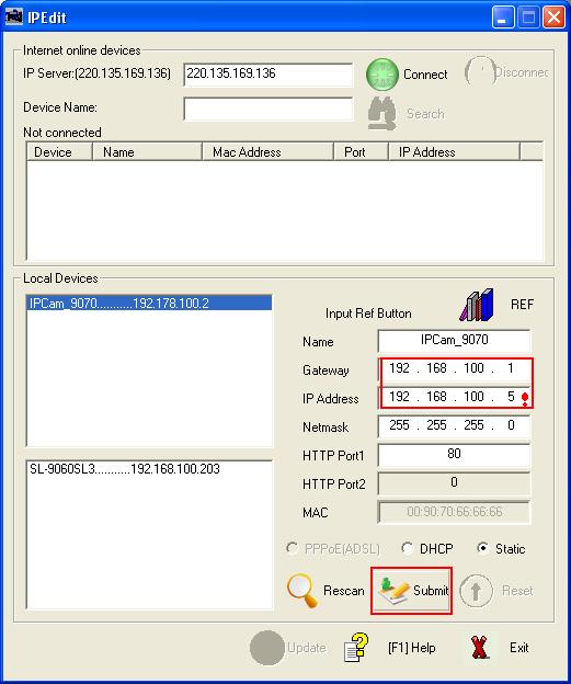 ) Then hit the rescan button on IPEdit to confirm the changes have been made IP Service How to use IP Service on IPEdit: IP service allows the user to directly connect to his / her device through the