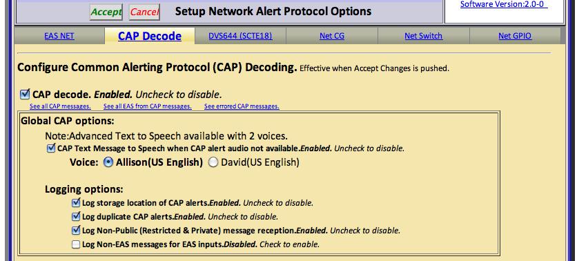 3. The page will expand showing a number of CAP options Figure 3 CAP Decode Enabled showing available TTS and logging options.