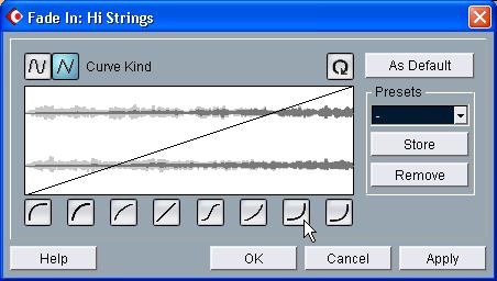 Adding a fade The strings in bar 5 appear rather abrupt they would benefit from being faded in: 1. Click on the first Hi Strings event with the Arrow tool. The event is selected.