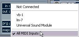 This routes the track to Universal Sound Module. However, now we also need a MIDI input, since you re going to play the VST instrument live : 6.