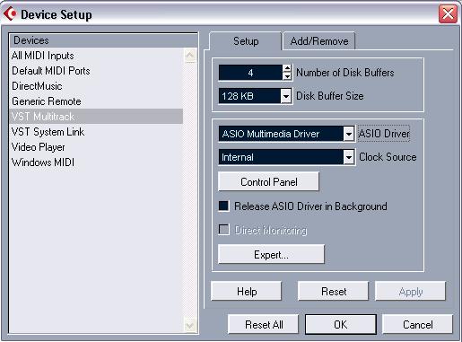 VST Multitrack setup Basic Settings 1. In Cubase LE, select Device Setup from the Devices menu and click on VST Multitrack in the list. Make sure the Setup tab is selected.