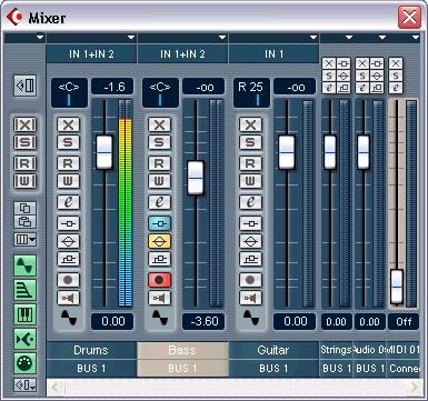 The Mixer The Mixer is where you mix your audio and MIDI channels, that is, adjust the levels (volume), stereo panning, effect