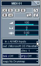 Setting up for recording MIDI Creating a MIDI track To create a MIDI track, proceed as follows: 1. Pull down the Project menu, and select Add Track. A submenu appears. 2. Select MIDI from the submenu.