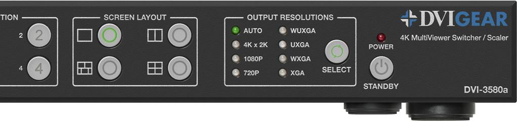 Press this button to cycle through and select the output resolution. The LED of the selected resolution will light up. See pg. 8 for available output resolutions. 7.