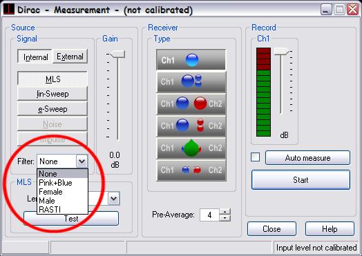 Fig 3: Measurement dialog - Filter selection 3.1 Pink + Blue filters In some measurement situations it is difficult to reach acceptable INR values in the lower frequency bands.