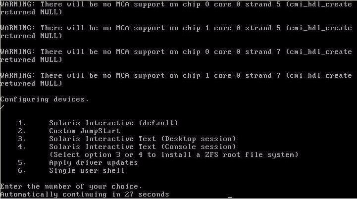 to support a serial console (-B console=ttya). The system loads the Solaris disk image into memory.