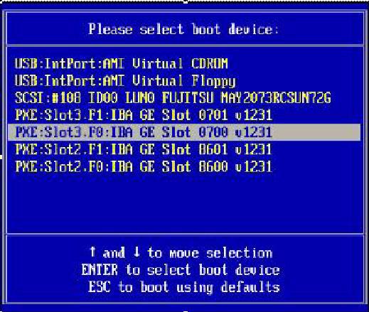 In the Boot Device menu, select the appropriate PXE boot port, then press Enter. The PXE boot port is the physical network port configured to communicate with your network install server.